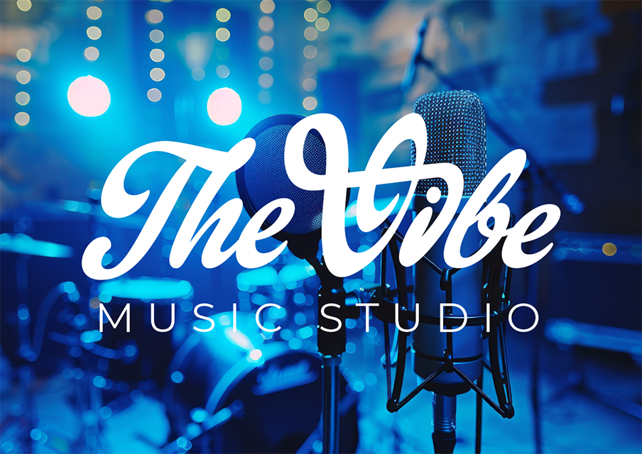 Logo design for ‘The Vibe Music Studio’ displayed over a recording studio scene with microphones and soft lighting, conveying a creative and professional music environment.