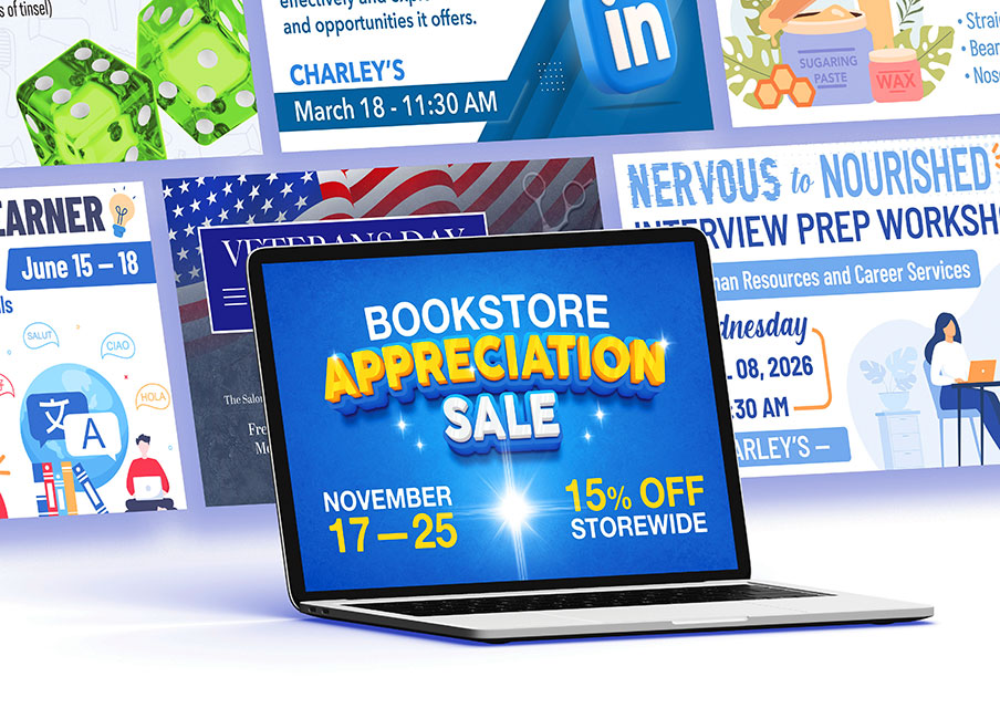 Mockup showcasing a promotional graphic for a bookstore sale on a laptop screen, with a collage of additional event and campus designs in the background highlighting visual variety.